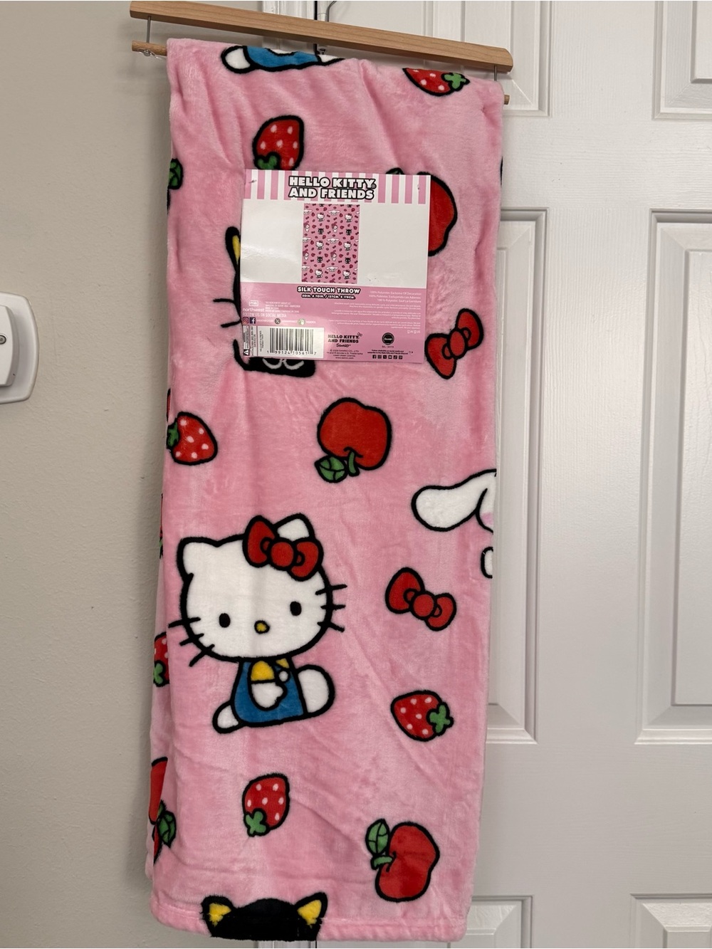 Hello Kitty Pink Plush Throw Blanket with Red Fruit & Bow Accents